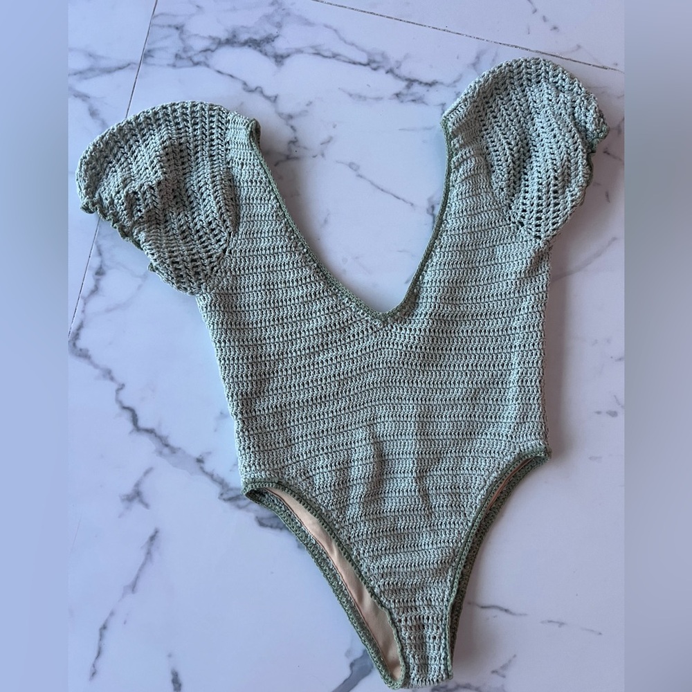 Maiyo London mint green knit crochet one piece swimsuit bodysuit xs
